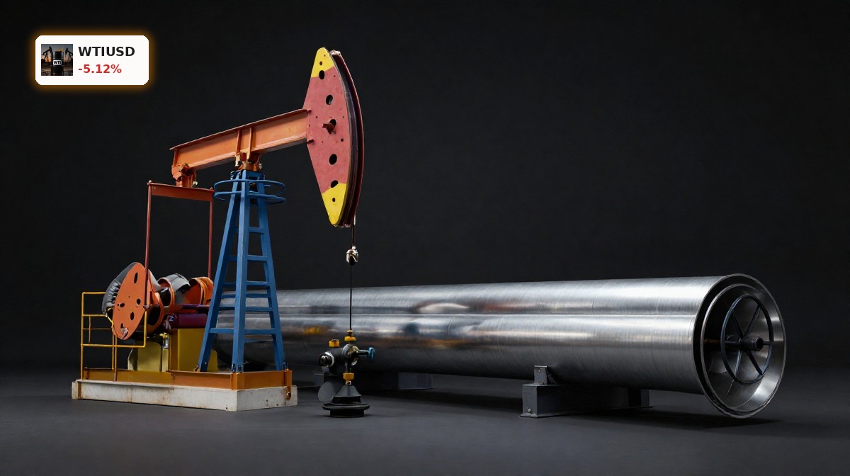 WTI Crude Oil Hormuz barrel and pipeline on dark background as reopening hopes pressure oil prices