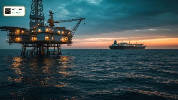 An offshore oil rig at dusk, representing WTI Crude Oil supply risks.