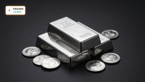 XAGUSD Silver Analysis with silver bars and coins on dark background after a sharp rally warning