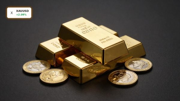 Gold Fed Outlook with stacked bullion bars and coins as XAU climbs above $4,120 before US jobs data