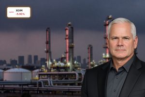 ExxonMobil Plunge amid refinery and LNG facilities under tense stormy sky