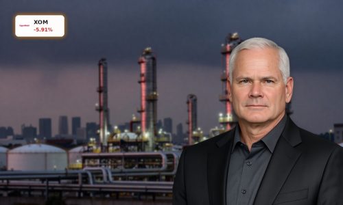 ExxonMobil Plunge amid refinery and LNG facilities under tense stormy sky