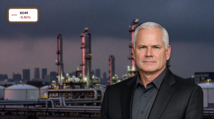 ExxonMobil Plunge amid refinery and LNG facilities under tense stormy sky