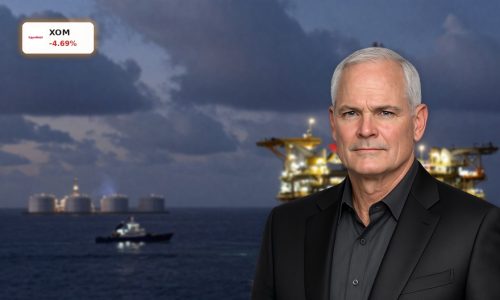 Exxon Mobil Iran War risk reflected in tense Middle East offshore oil and LNG facilities at dusk.