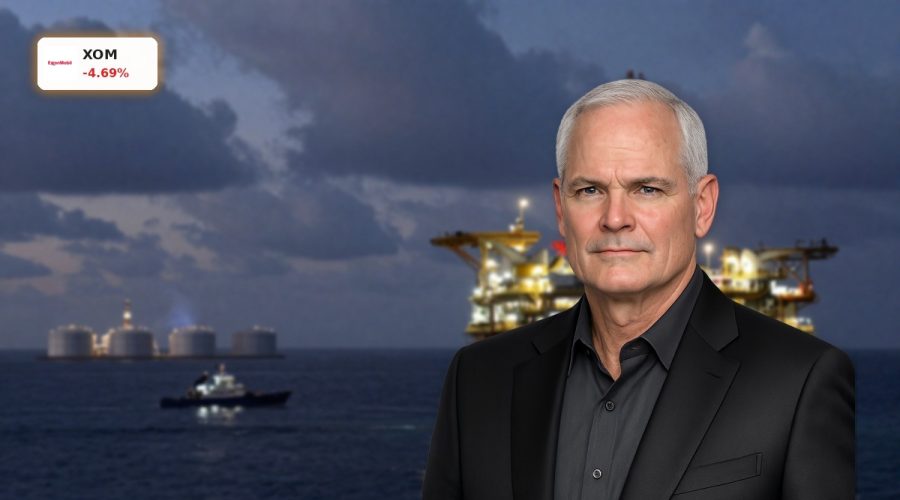 Exxon Mobil Iran War risk reflected in tense Middle East offshore oil and LNG facilities at dusk.