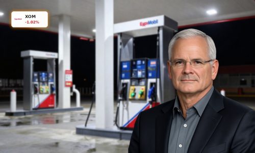 Exxon Mobil Earnings spotlighted by cinematic night view of Exxon fuel pumps at a premium gas station