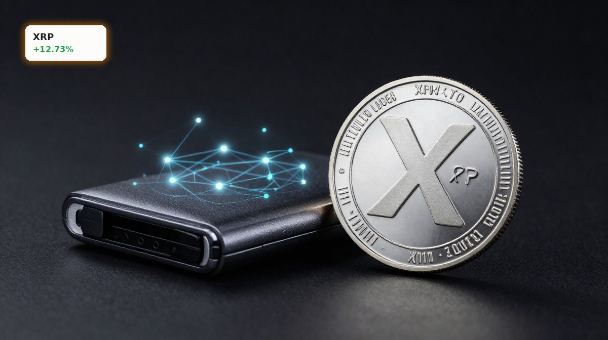 XRP XRPL Growth concept with XRP coin, wallet device, and blockchain network on dark premium background
