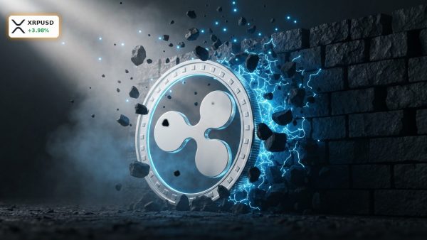 A glowing XRP coin shatters a dark stone barrier during a major XRP Breakout, symbolizing market momentum.