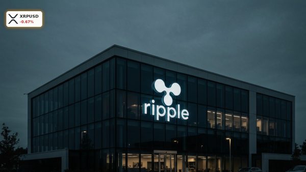 The glowing Ripple logo on a modern corporate headquarters at night, representing Ripple XRP.