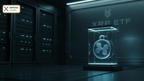 A glowing digital XRP token secured inside a high-tech vault, representing Ripple XRP ETFs locking up supply.