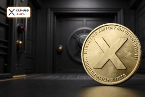 Ripple Banking License concept with XRP coin in front of a bank vault