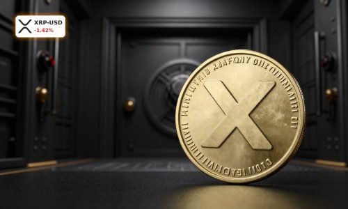 Ripple Banking License concept with XRP coin in front of a bank vault