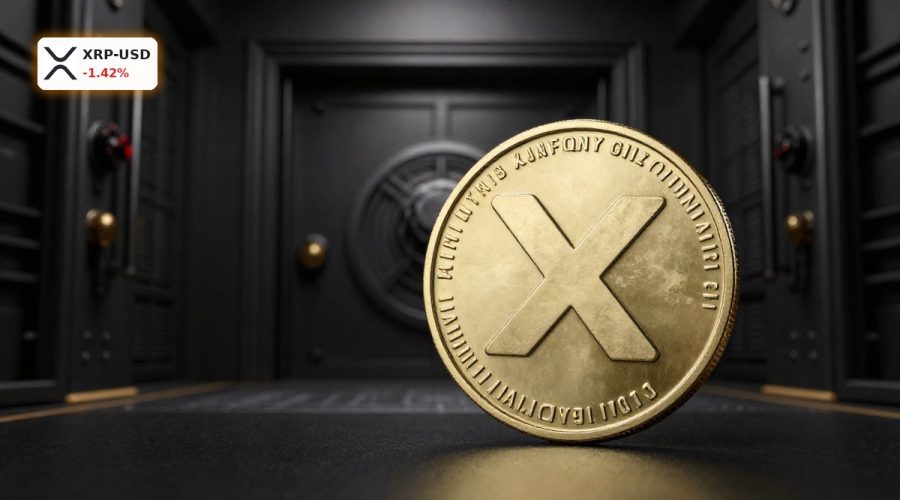 Ripple Banking License concept with XRP coin in front of a bank vault
