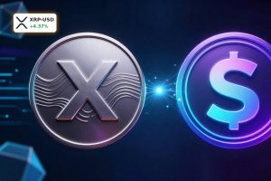Ripple Solana Teaser concept with XRP and SOL tokens linked by glowing digital bridge.