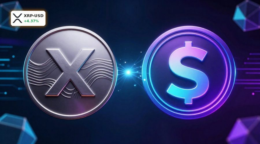 Ripple Solana Teaser concept with XRP and SOL tokens linked by glowing digital bridge.